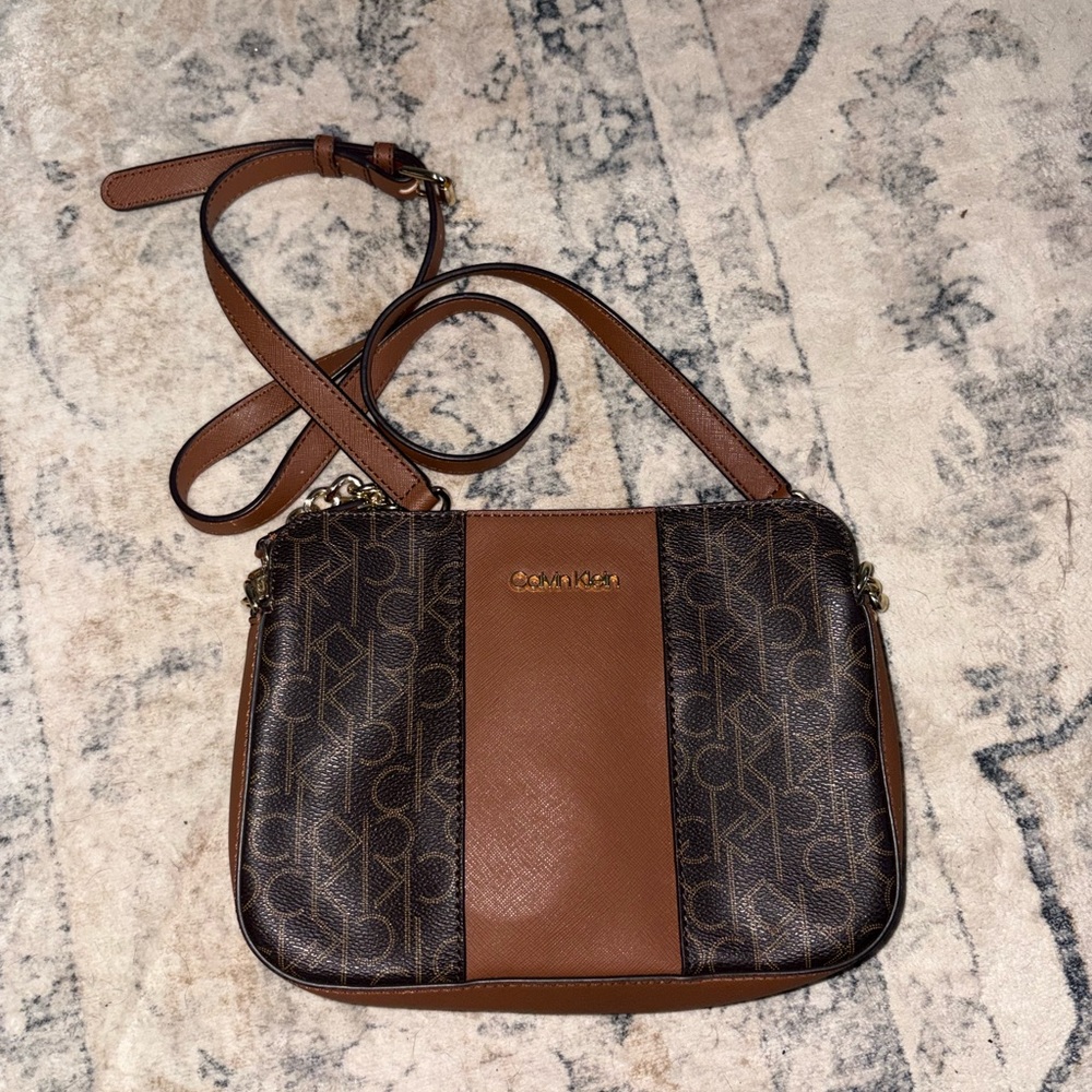 Calvin Klein Tan and Brown Logo Crossbody Bag